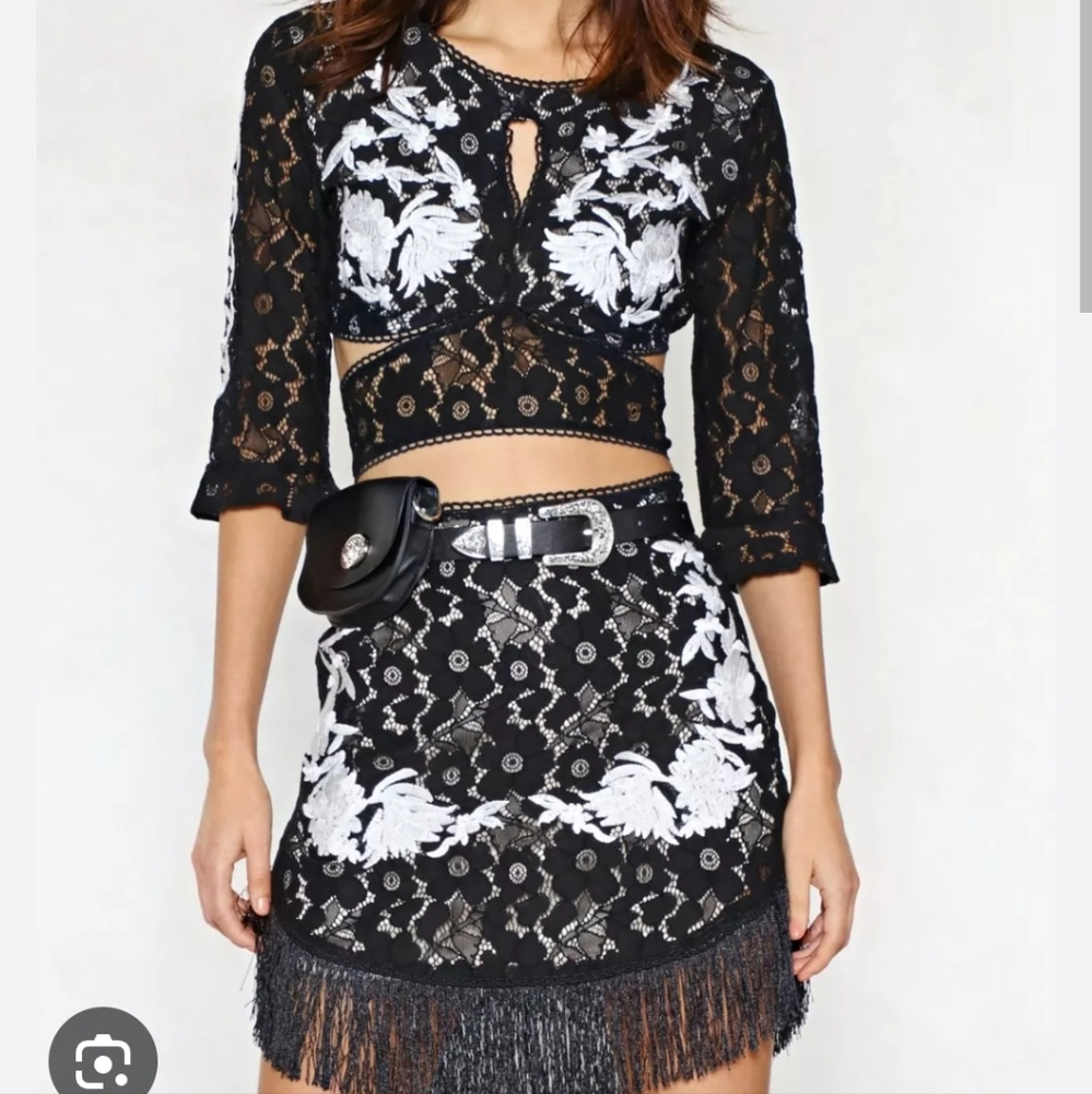 Nasty Gal ‘Use Your Thread’ Embroidered Crop Top and skirt set US8